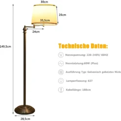 Stehlampe Standleuchte mit Basis & Lampenschirm zum Lesen 35,5 x 152 cm Beige+Silber