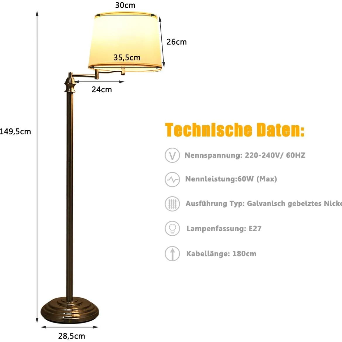 Stehlampe Standleuchte mit Basis & Lampenschirm zum Lesen 35,5 x 152 cm Beige+Silber