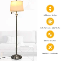 Stehlampe Standleuchte mit Basis & Lampenschirm zum Lesen 35,5 x 152 cm Beige+Silber