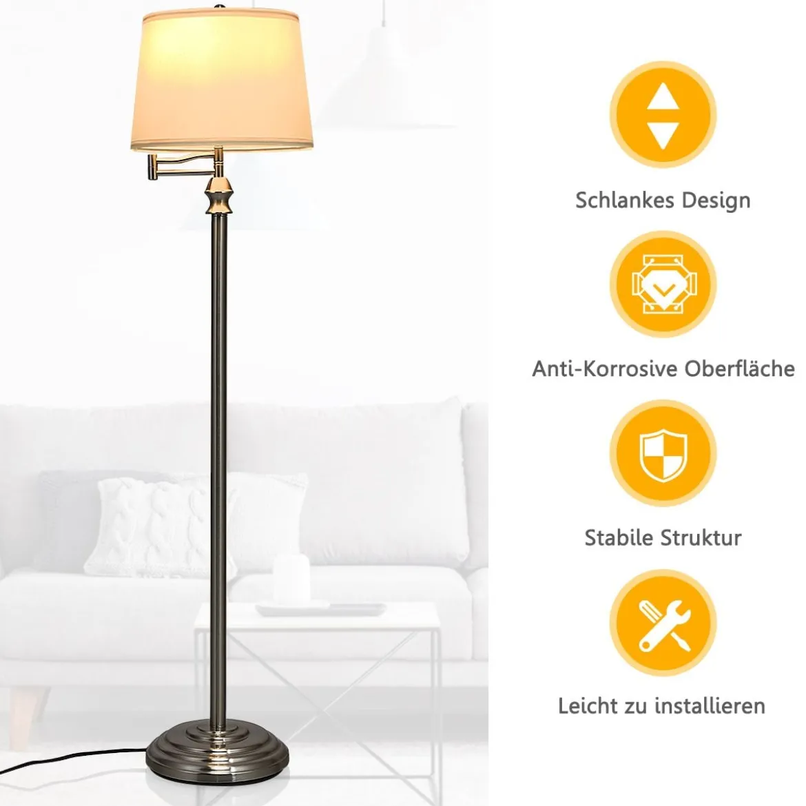 Stehlampe Standleuchte mit Basis & Lampenschirm zum Lesen 35,5 x 152 cm Beige+Silber