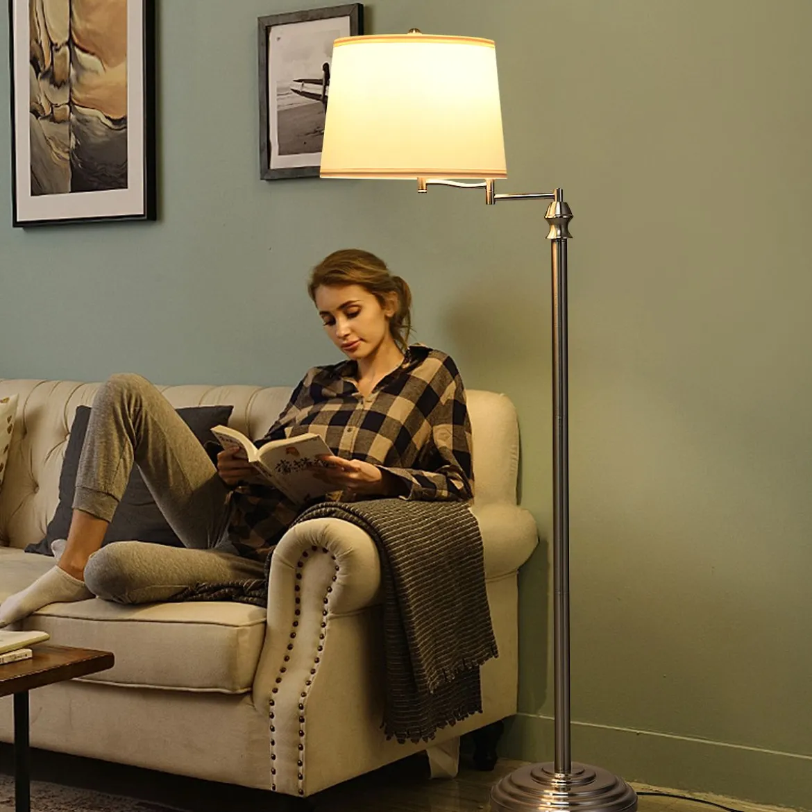 Stehlampe Standleuchte mit Basis & Lampenschirm zum Lesen 35,5 x 152 cm Beige+Silber