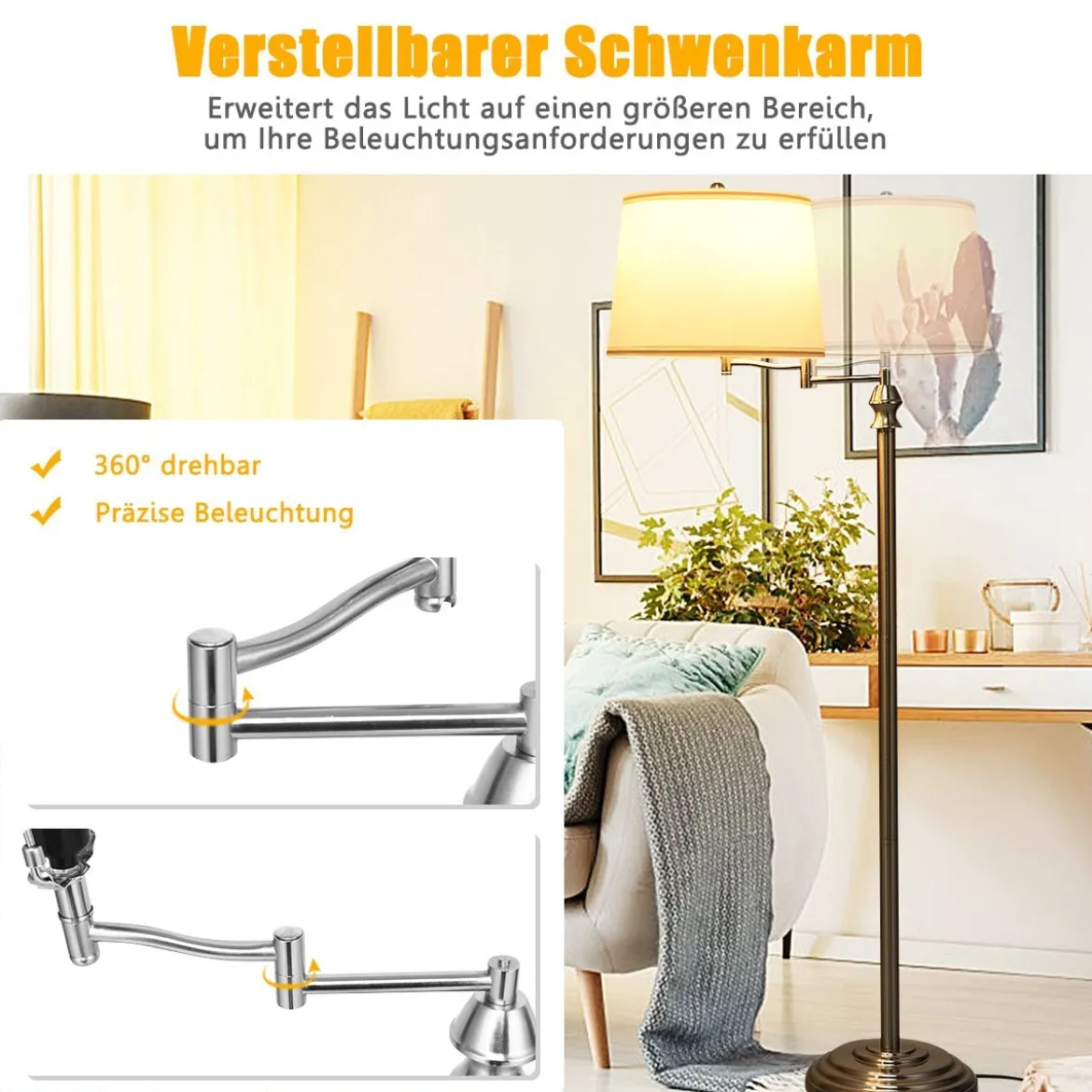 Stehlampe Standleuchte mit Basis & Lampenschirm zum Lesen 35,5 x 152 cm Beige+Silber