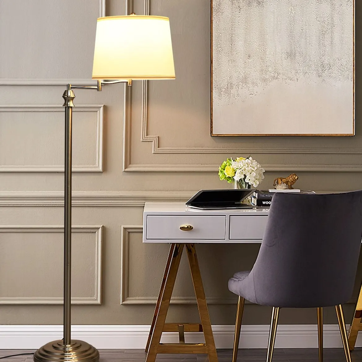 Stehlampe Standleuchte mit Basis & Lampenschirm zum Lesen 35,5 x 152 cm Beige+Silber