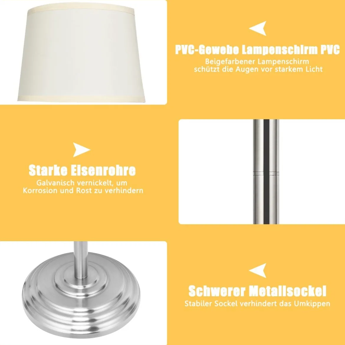 Stehlampe Standleuchte mit Basis & Lampenschirm zum Lesen 35,5 x 152 cm Beige+Silber