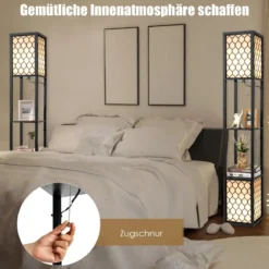 Stehleuchte Regal Freistehende Doppellampe mit Holzregal & Weißem Lampenschirm 26 x 26 x 156 cm