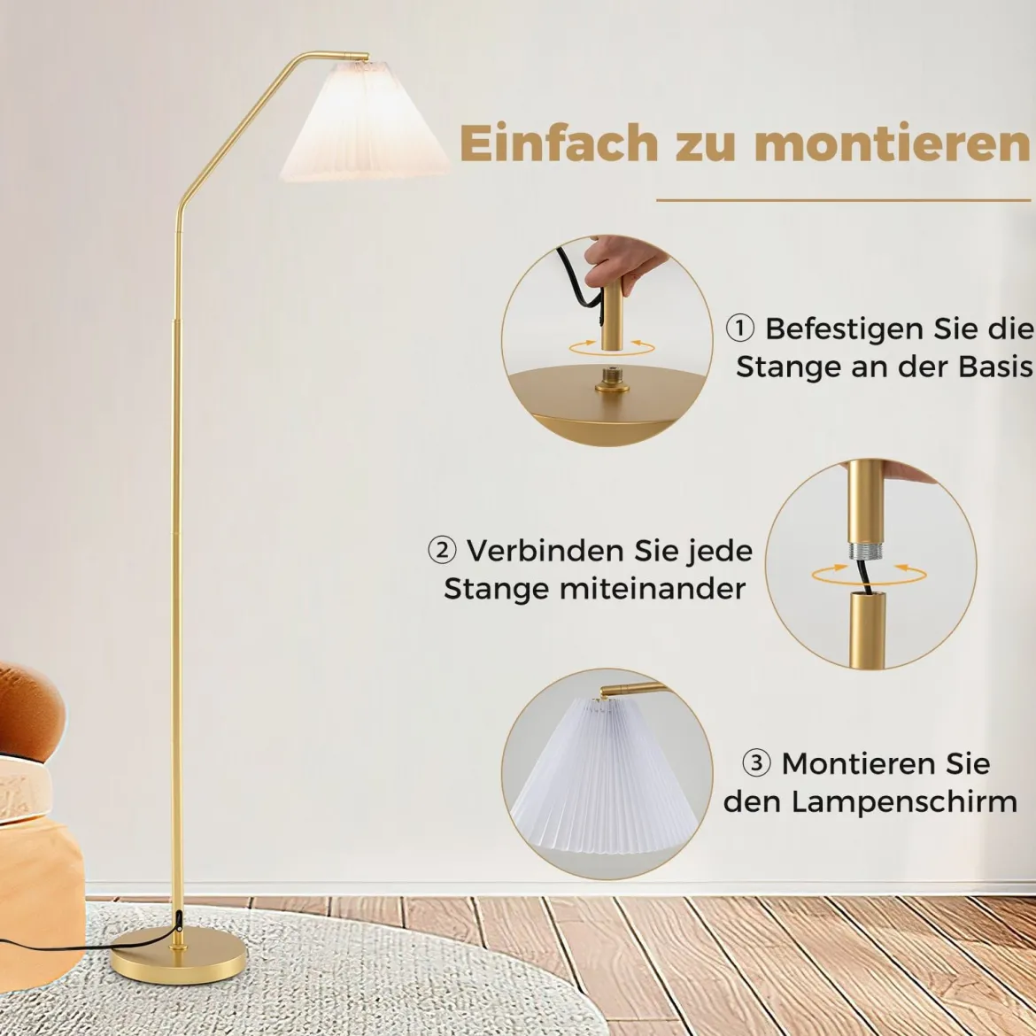Stehleuchte Wohnzimmer 168cm E27 Fassung Bogenlampe mit verstellbarem Lampenkopf gold