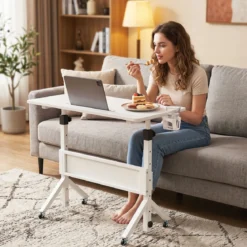 Stehpult Höhenverstellbar 70-117 cm Mobiler Schreibtisch auf Rollen mit Stoffkorb Tablet-Rille Weiß