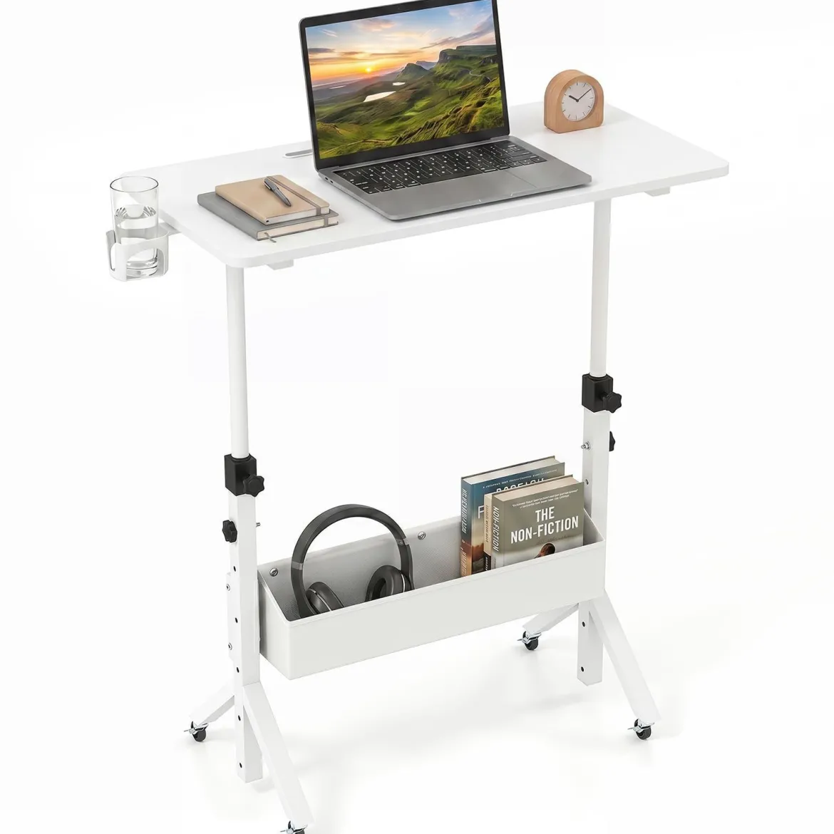 Stehpult Höhenverstellbar 70-117 cm Mobiler Schreibtisch auf Rollen mit Stoffkorb Tablet-Rille Weiß