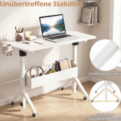 Stehpult Höhenverstellbar 70-117 cm Mobiler Schreibtisch auf Rollen mit Stoffkorb Tablet-Rille Weiß
