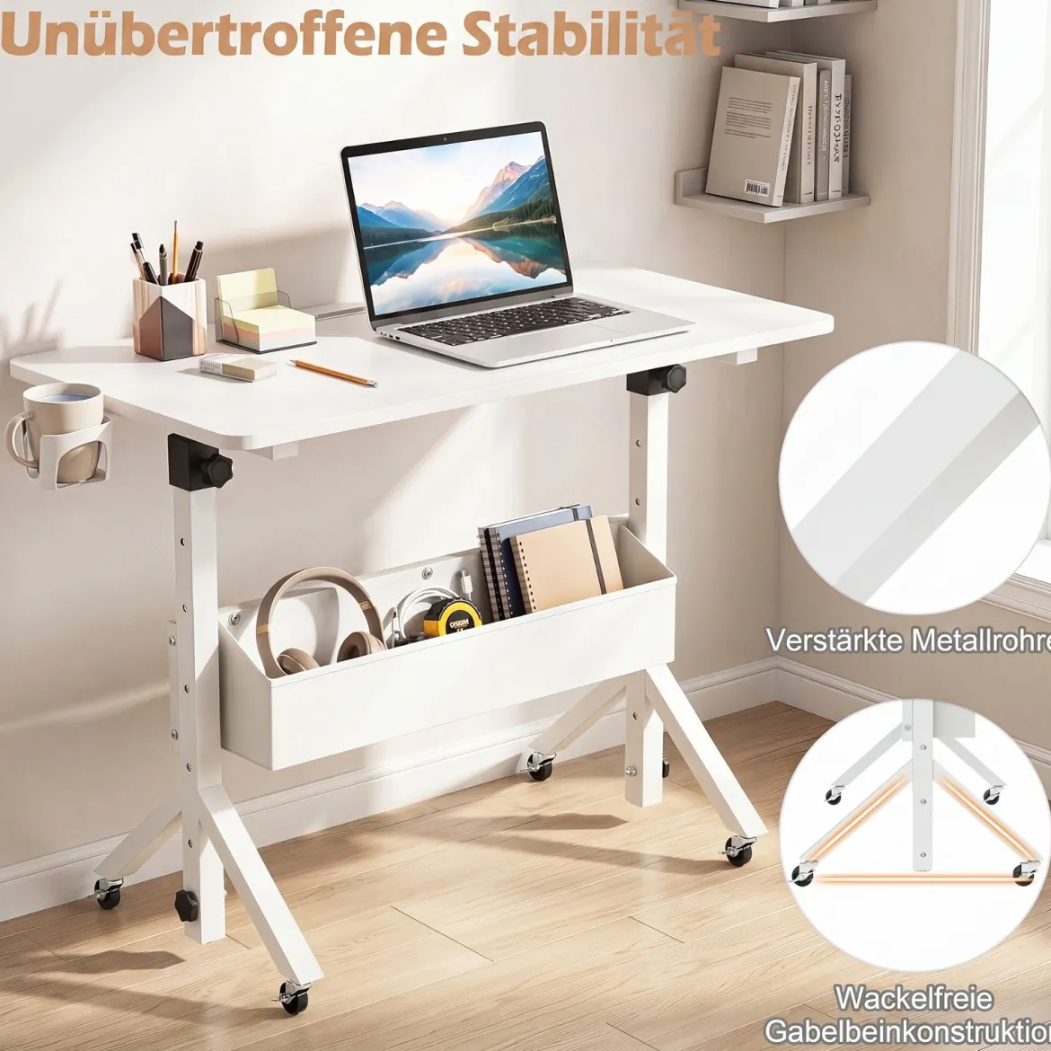 Stehpult Höhenverstellbar 70-117 cm Mobiler Schreibtisch auf Rollen mit Stoffkorb Tablet-Rille Weiß