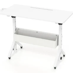 Stehpult Höhenverstellbar 70-117 cm Mobiler Schreibtisch auf Rollen mit Stoffkorb Tablet-Rille Weiß