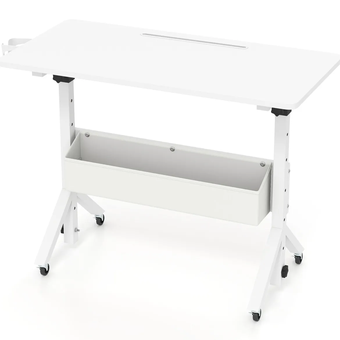 Stehpult Höhenverstellbar 70-117 cm Mobiler Schreibtisch auf Rollen mit Stoffkorb Tablet-Rille Weiß