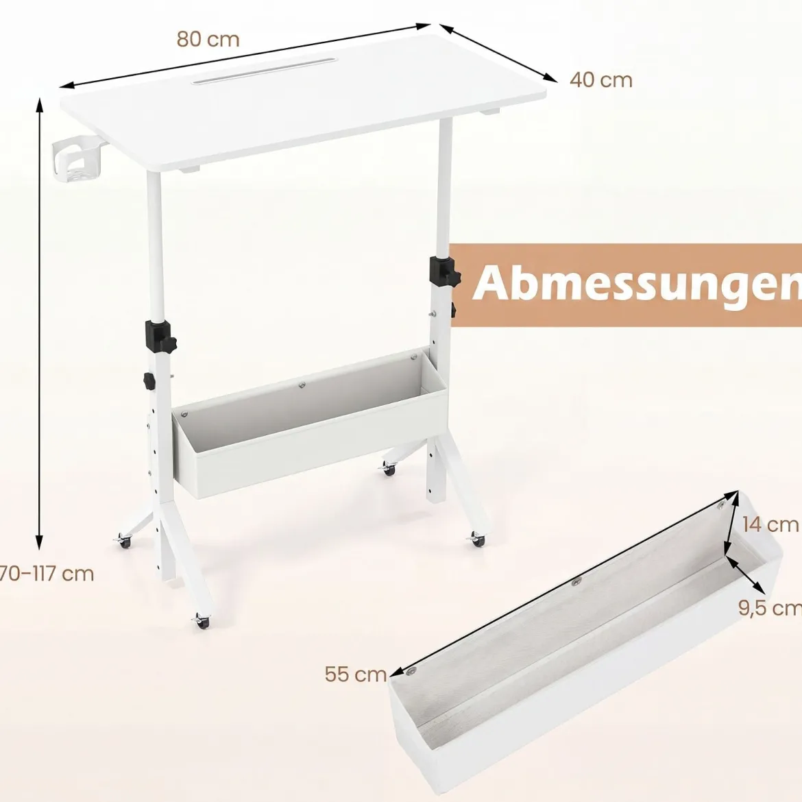 Stehpult Höhenverstellbar 70-117 cm Mobiler Schreibtisch auf Rollen mit Stoffkorb Tablet-Rille Weiß