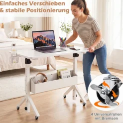 Stehpult Höhenverstellbar 70-117 cm Mobiler Schreibtisch auf Rollen mit Stoffkorb Tablet-Rille Weiß