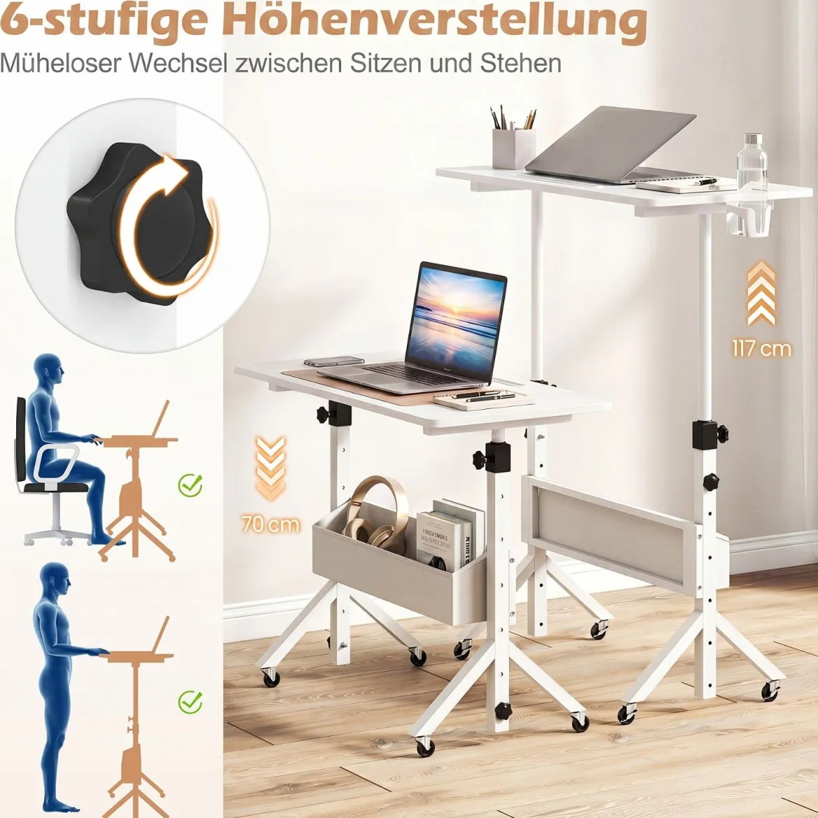 Stehpult Höhenverstellbar 70-117 cm Mobiler Schreibtisch auf Rollen mit Stoffkorb Tablet-Rille Weiß