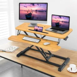 Stehpult Höhenverstellbarer Stehpultständer mit Tastaturablage 80 x 64 x 11-50,5 cm Natur + Schwarz