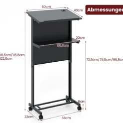Stehpult höhenverstellbar Steh-Sitz Schreibtisch mit Rollen mobiler Stehschreibtisch Schwarz