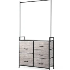 Stoffschrank mit Kleiderstange mit 8 Schubladen 85 x 29 x 167 cm Schwarz + Grau