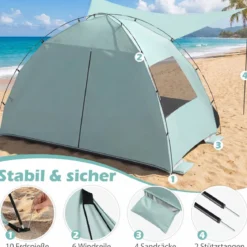 Strandmuschel mit Vordach Strandzelt UV-Schutz 50+ mit Reißverschlusstüren & Netzfenstern Grün