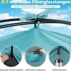 Strandmuschel mit Vordach Strandzelt UV-Schutz 50+ mit Reißverschlusstüren & Netzfenstern Blau
