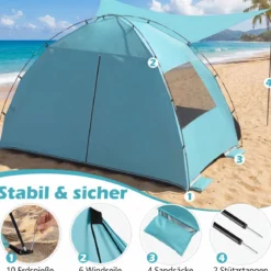 Strandmuschel mit Vordach Strandzelt UV-Schutz 50+ mit Reißverschlusstüren & Netzfenstern Blau