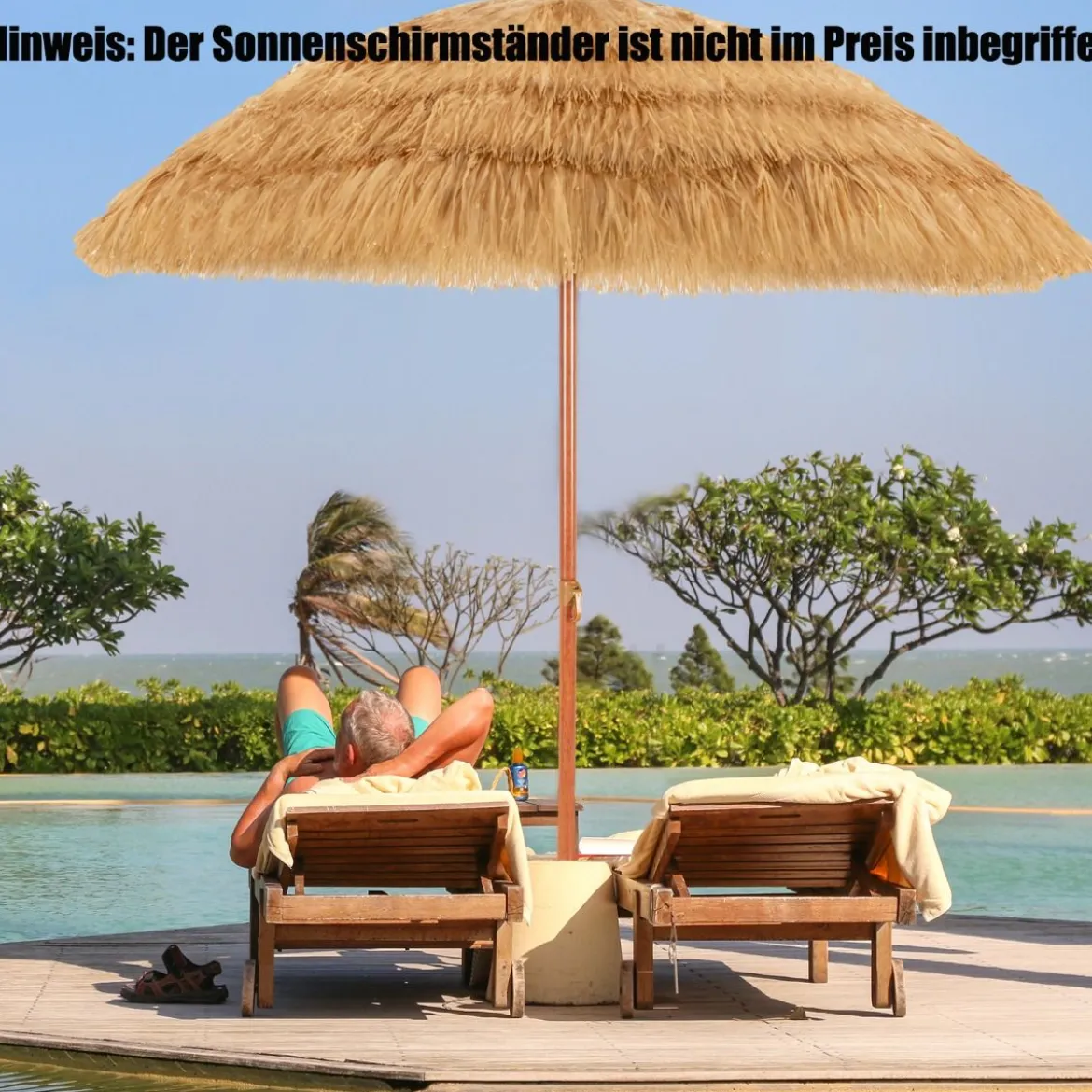 Strandschirm 175 cm Sonnenschirm Reisstroh Strandschirm Weiß + Beige