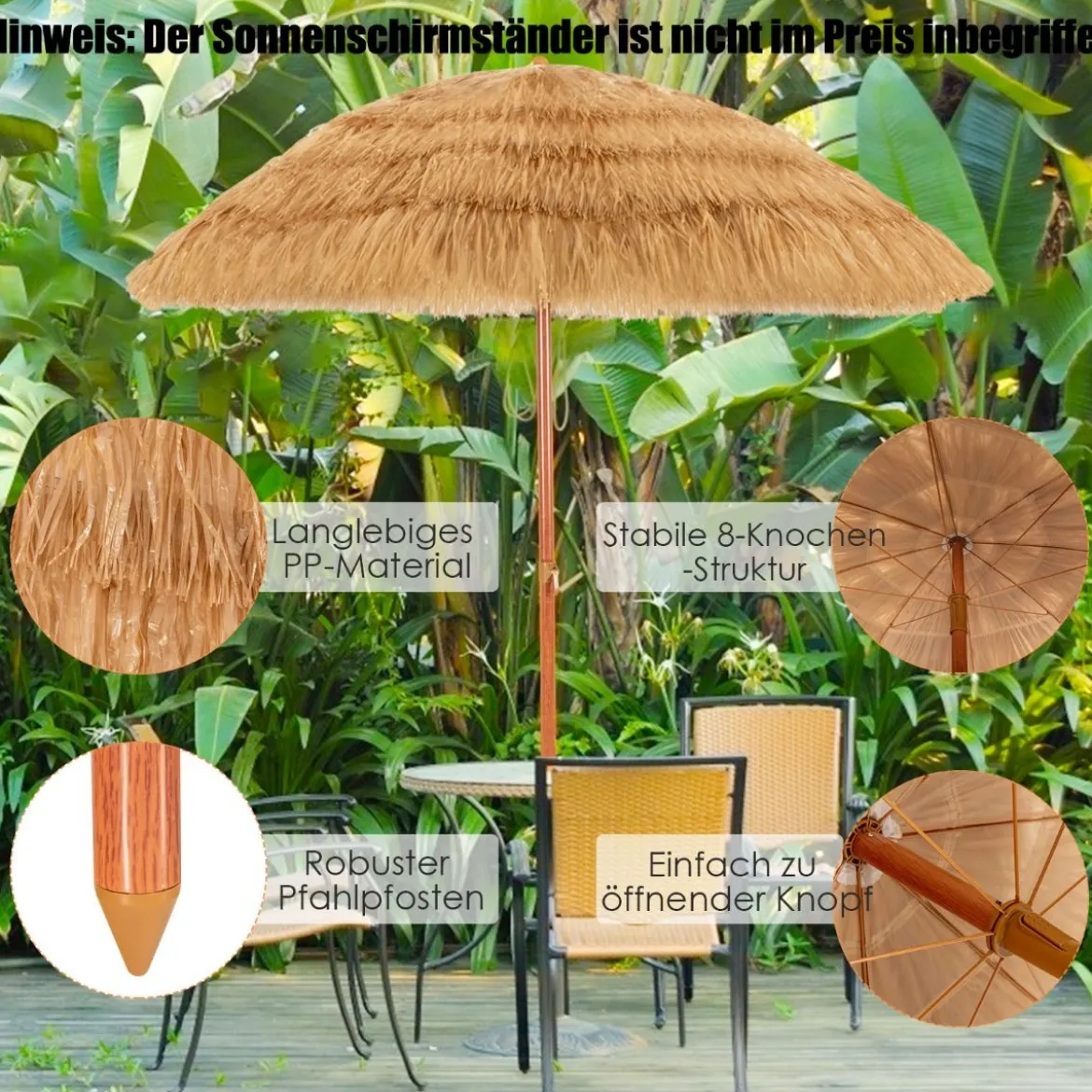 Strandschirm 175 cm Sonnenschirm Reisstroh Strandschirm Weiß + Beige
