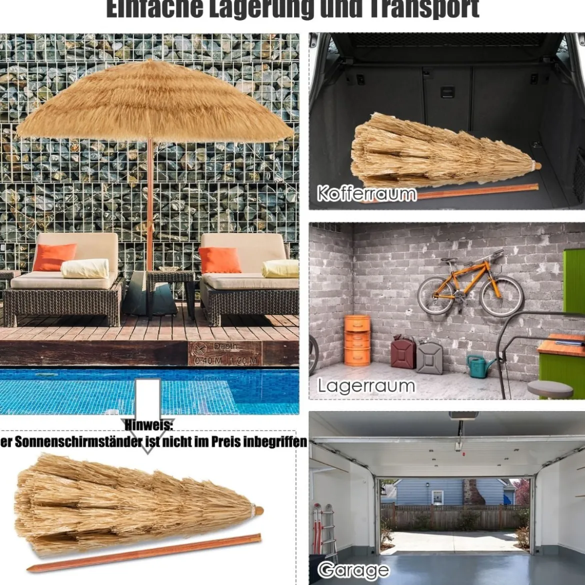 Strandschirm 175 cm Sonnenschirm Reisstroh Strandschirm Weiß + Beige