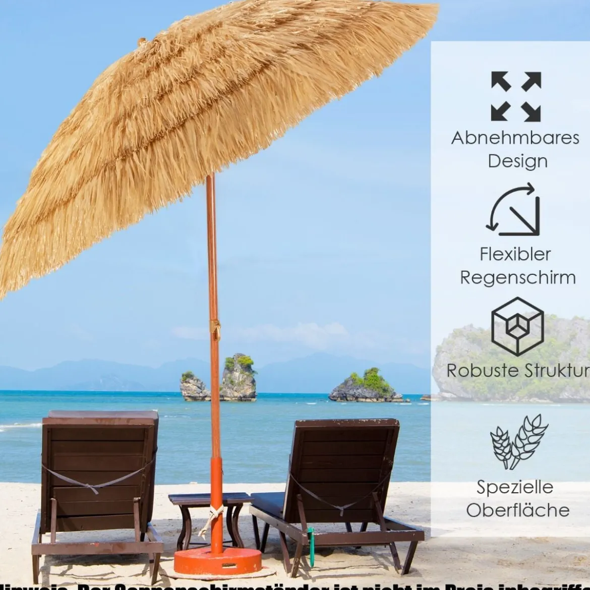 Strandschirm 175 cm Sonnenschirm Reisstroh Strandschirm Weiß + Beige
