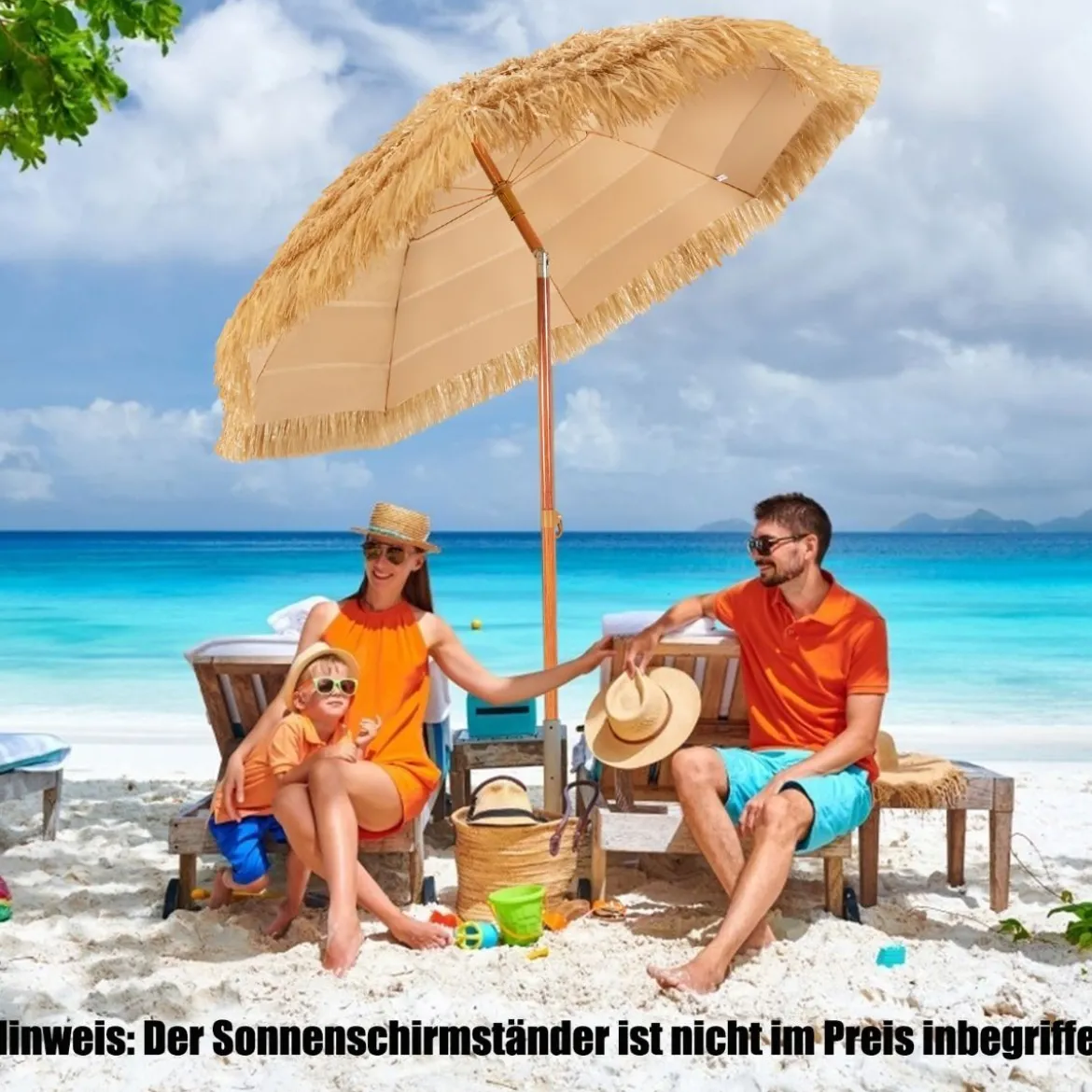 Strandschirm 175 cm Sonnenschirm Reisstroh Strandschirm Weiß + Beige