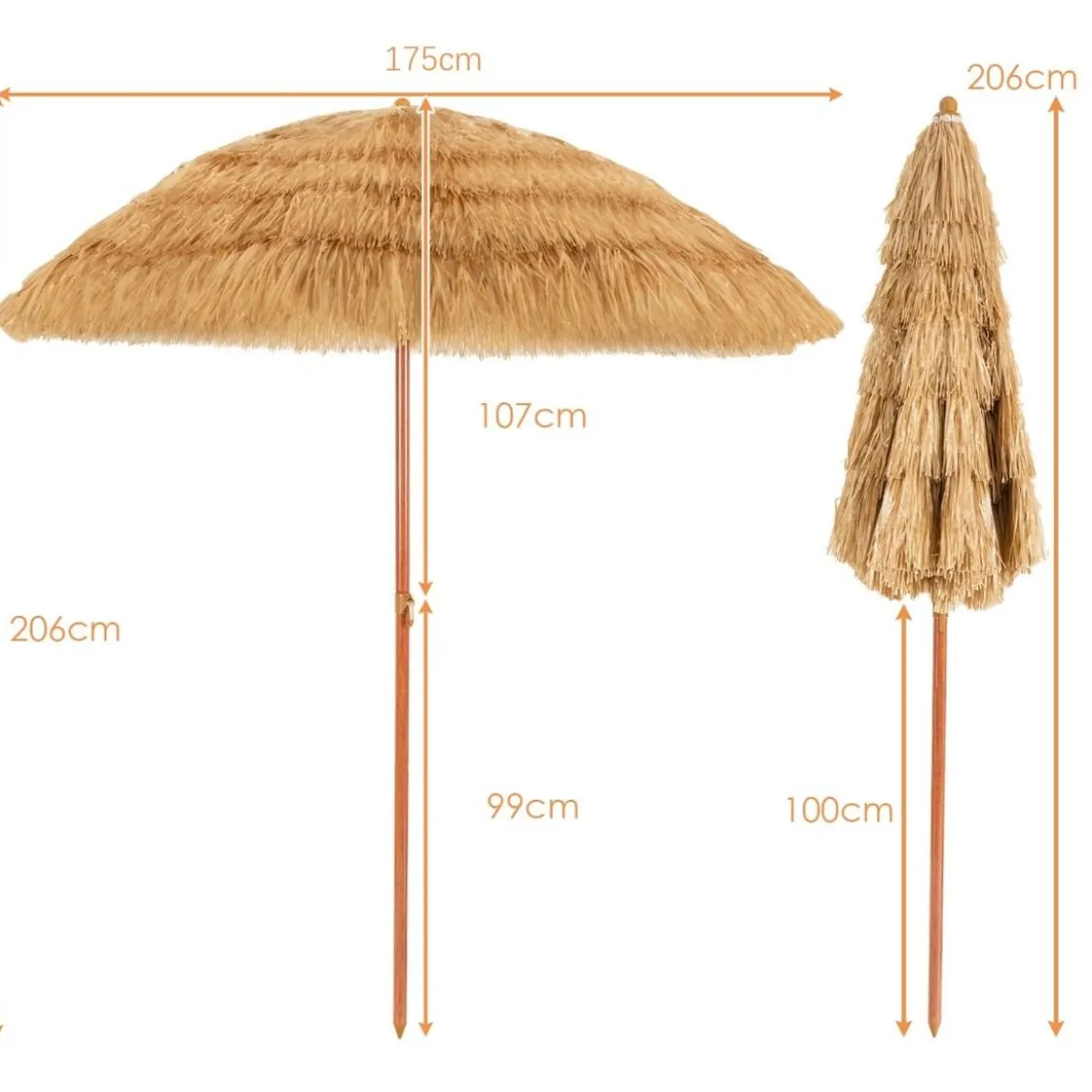 Strandschirm 175 cm Sonnenschirm Reisstroh Strandschirm Weiß + Beige
