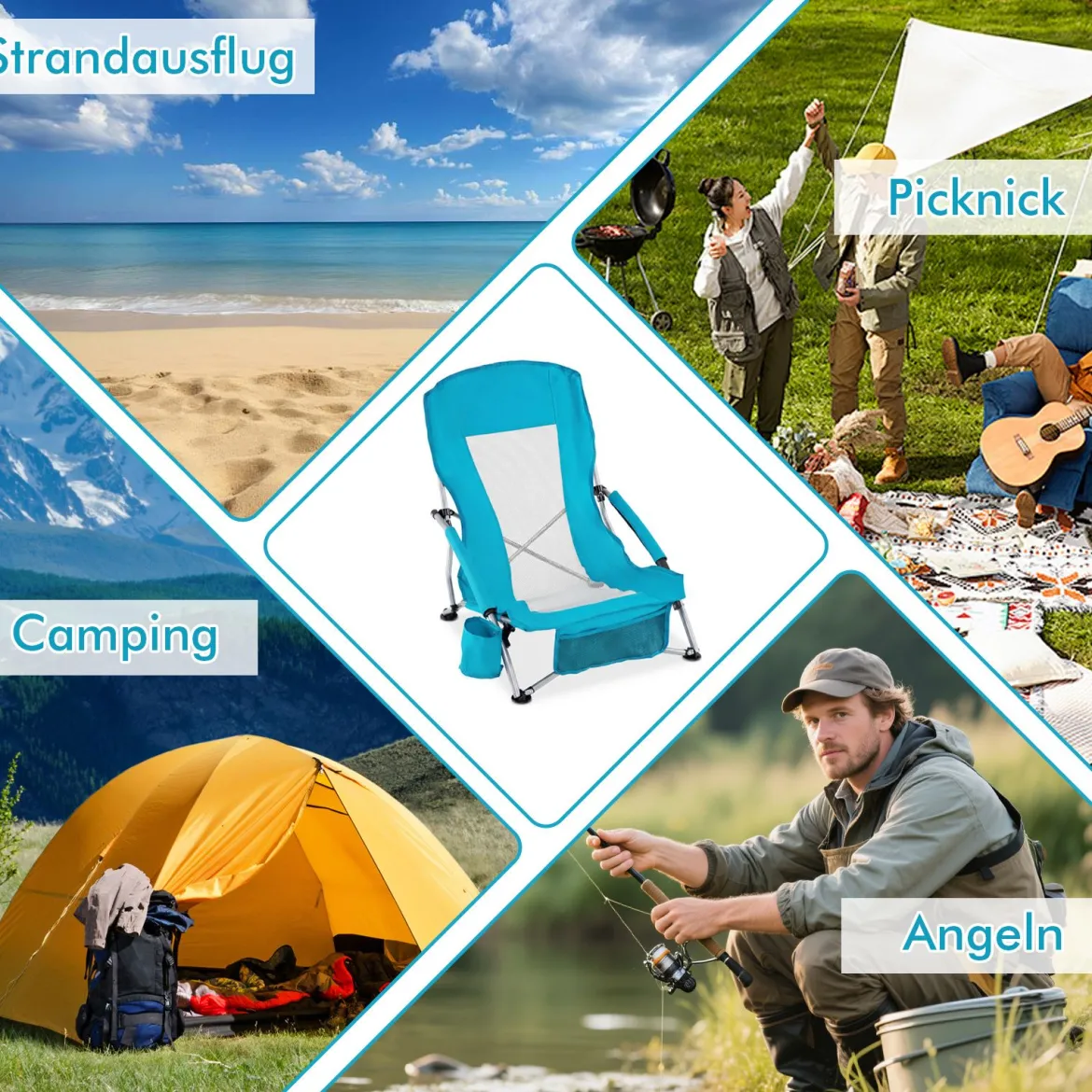 Strandstuhl Klappbar Campingstuhl mit Atmungsaktivem Netzgewebe Klappstuhl Blau