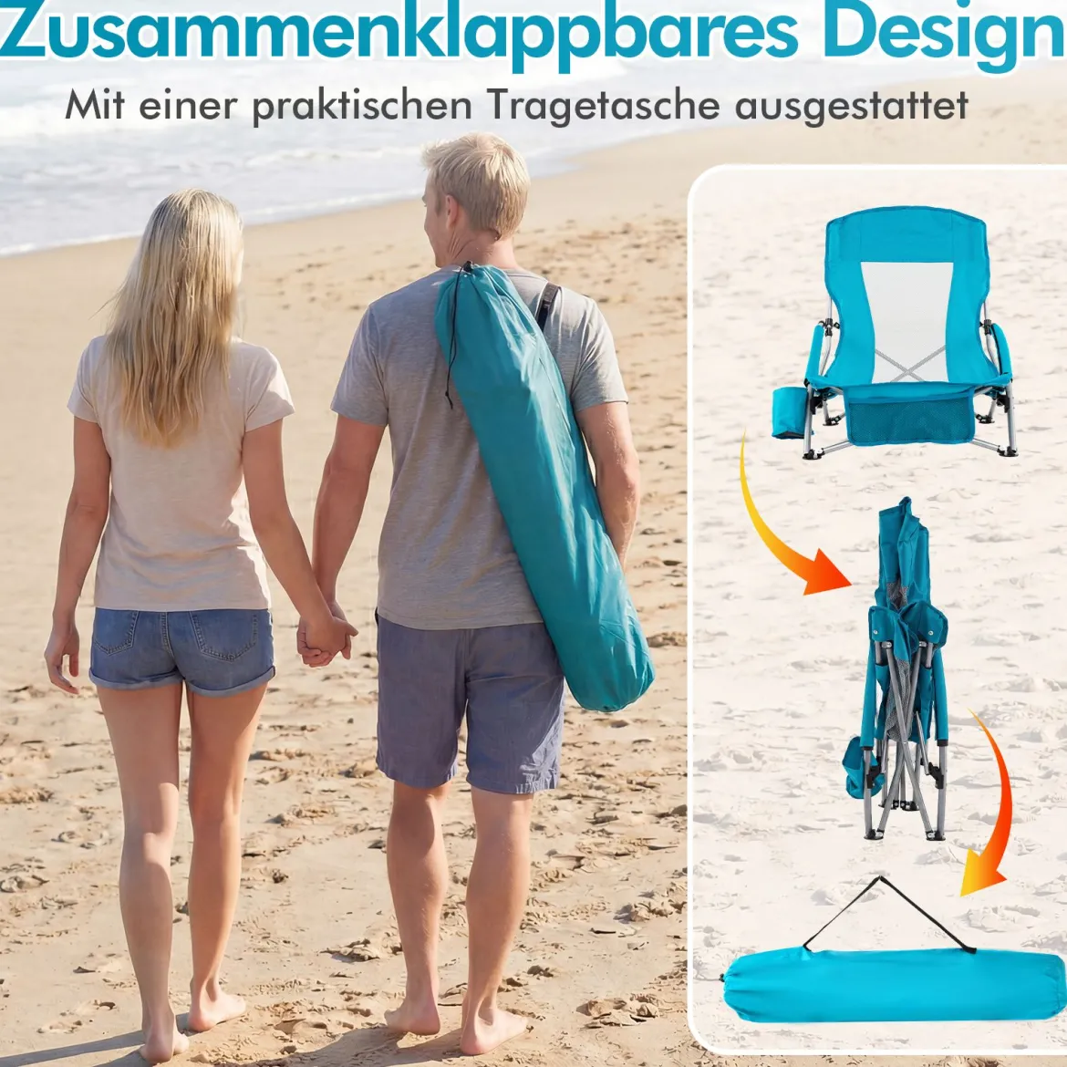 Strandstuhl Klappbar Campingstuhl mit Atmungsaktivem Netzgewebe Klappstuhl Blau