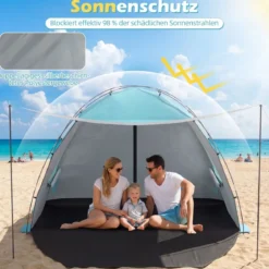 Strandzelt mit Vordach Strandmuschel UV-Schutz 50+ mit Reißverschlusstüren & Netzfenstern Blau