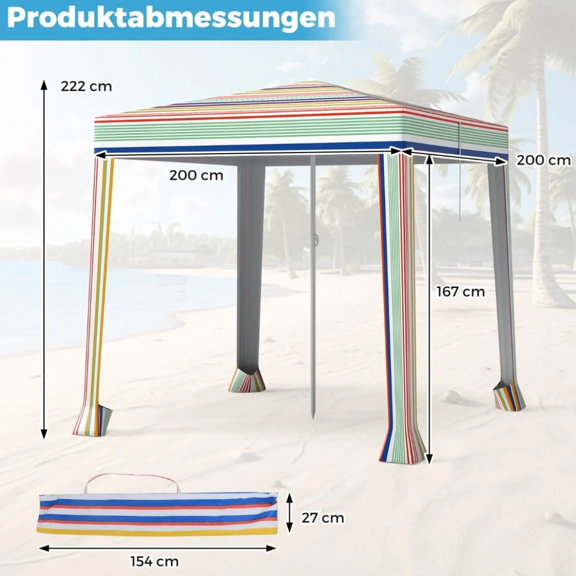 Strandzelt 2 x 2 m Sonnenzelt aufklappbar mit Sandsäcken & Tragetasche Sonnenschutz Windschutz Strandmuschel