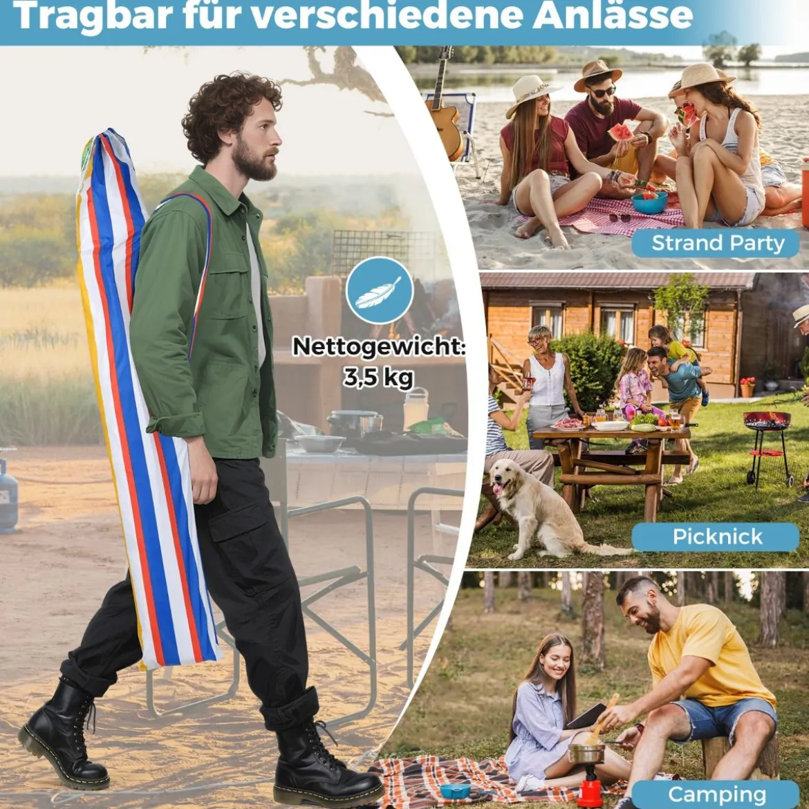 Strandzelt 2 x 2 m Sonnenzelt aufklappbar mit Sandsäcken & Tragetasche Sonnenschutz Windschutz Strandmuschel