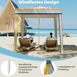 Strandzelt 2 x 2 m Sonnenzelt aufklappbar mit Sandsäcken & Tragetasche Sonnenschutz Windschutz Strandmuschel