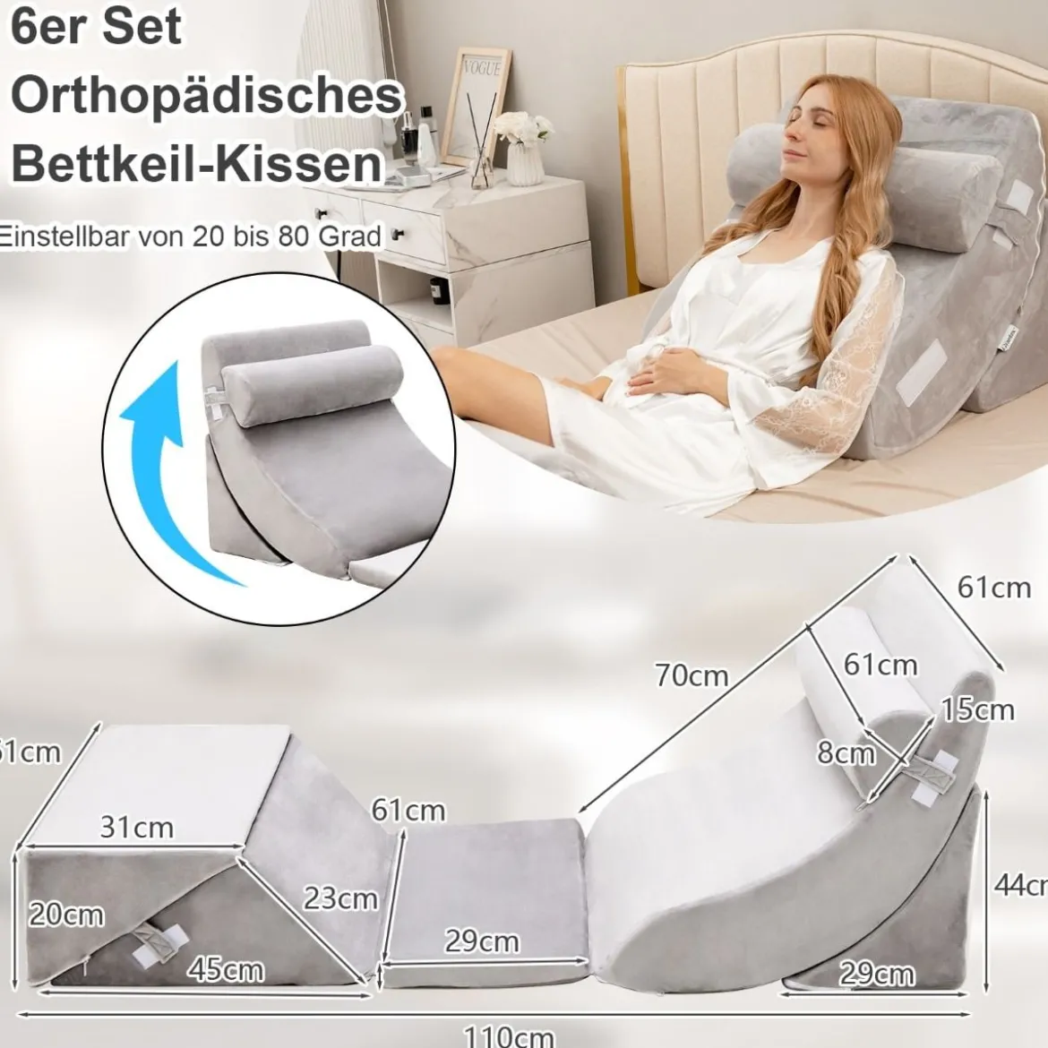 Stützkissen 6-Teiliges Orthopädisches Keilkissen-Set für Nacken 110 x 61 x 44 cm Grau