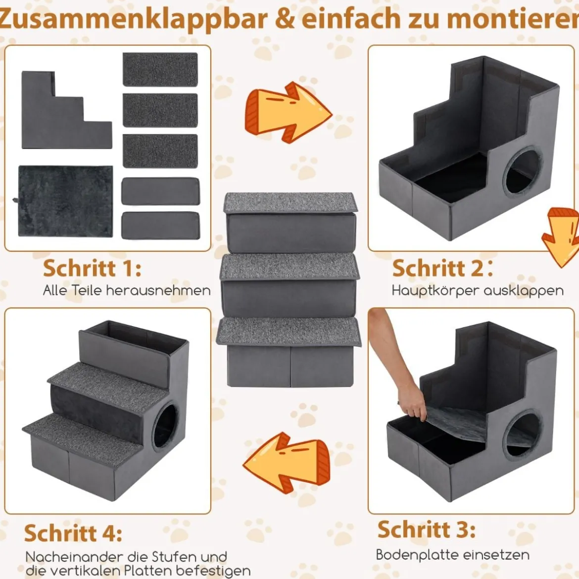 3 Stufen Hundetreppe mit Haus & Rutschfester Boden Faltbare Haustiertreppe Kletterleiter