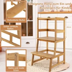 2 Stufen Lernturm Kinder Tritthocker mit Handlauf 46 x 46 x 90 cm Natur