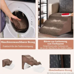 5-& 3-stufige Hundetreppe mit Chenille-Stoffoberfläche & Tierhaarbürste Rutschfest Braun