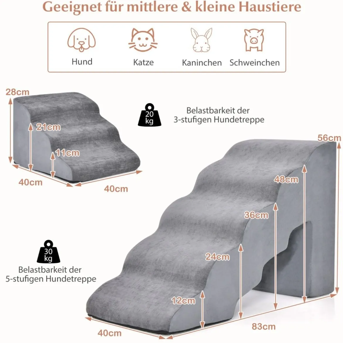 5-& 3-stufige Hundetreppe mit Chenille-Stoffoberfläche & Tierhaarbürste Rutschfest Grau