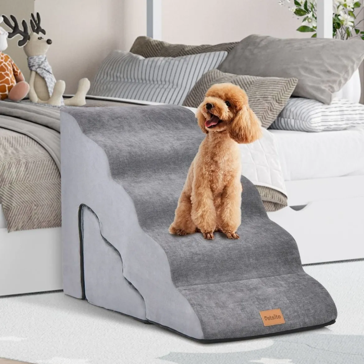 5-& 3-stufige Hundetreppe mit Chenille-Stoffoberfläche & Tierhaarbürste Rutschfest Grau
