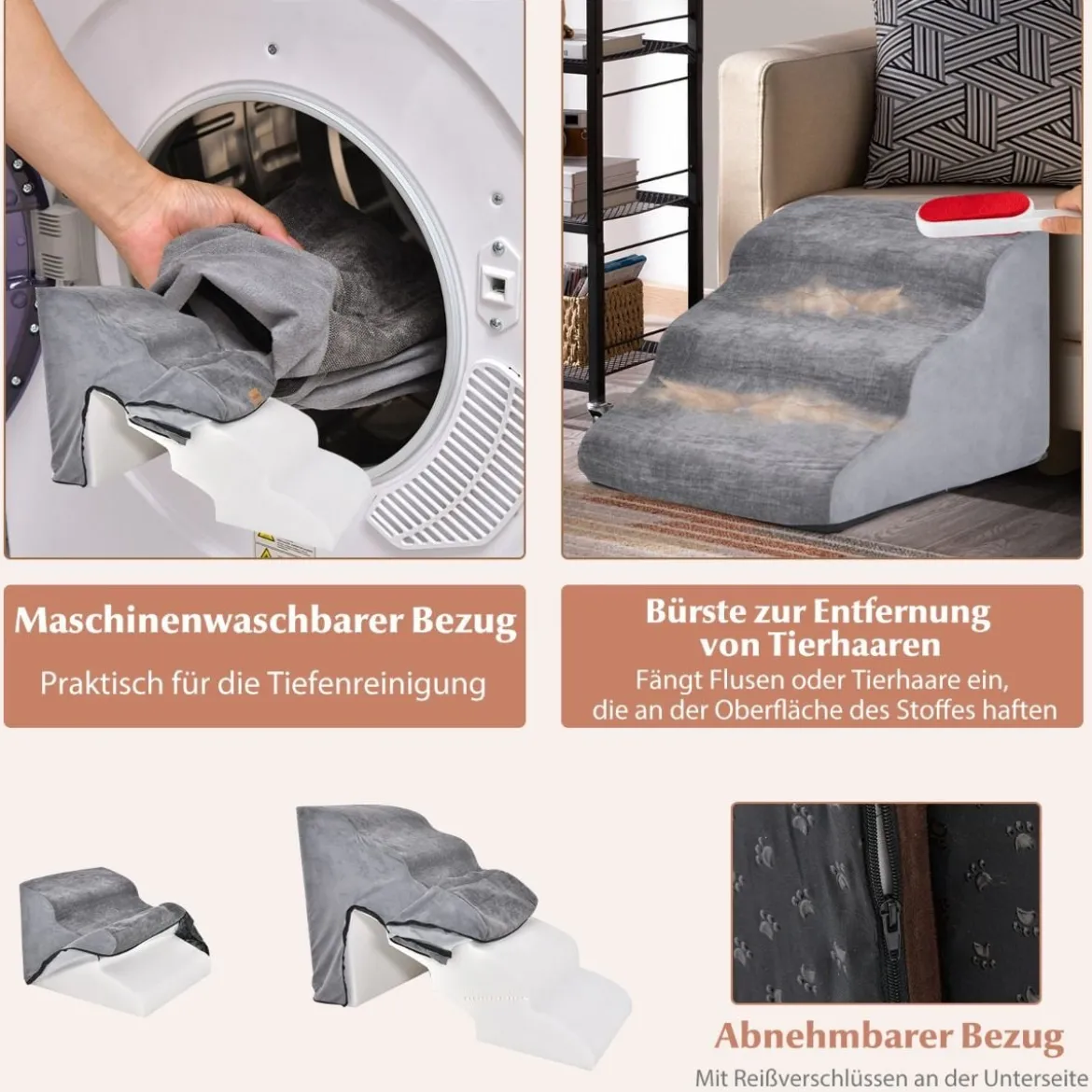 5-& 3-stufige Hundetreppe mit Chenille-Stoffoberfläche & Tierhaarbürste Rutschfest Grau