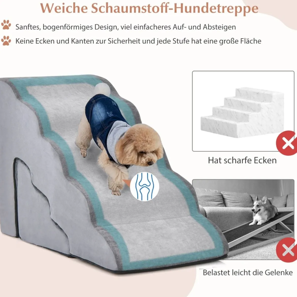 5-& 3-stufige Hundetreppe mit Chenille-Stoffoberfläche & Tierhaarbürste Rutschfest Grau