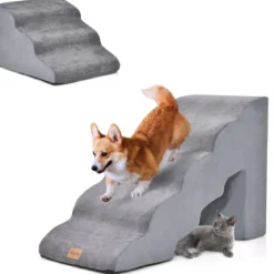 5-& 3-stufige Hundetreppe mit Chenille-Stoffoberfläche & Tierhaarbürste Rutschfest Grau