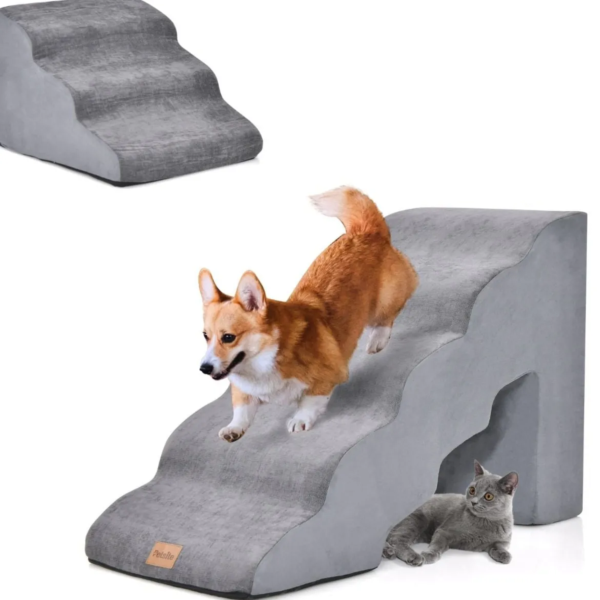 5-& 3-stufige Hundetreppe mit Chenille-Stoffoberfläche & Tierhaarbürste Rutschfest Grau