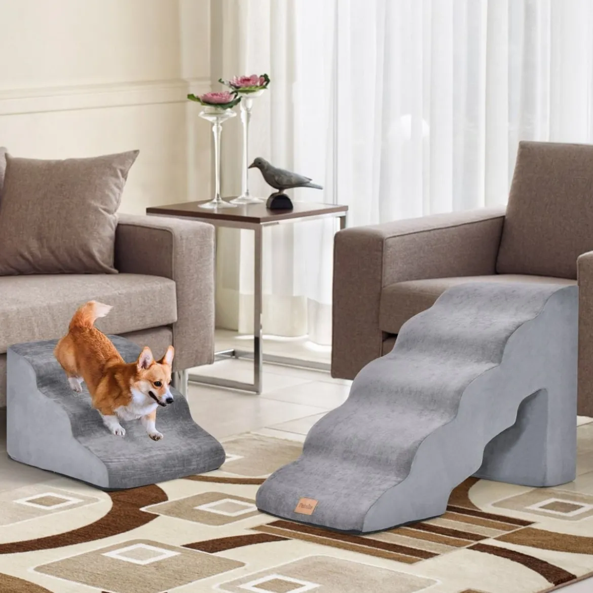 5-& 3-stufige Hundetreppe mit Chenille-Stoffoberfläche & Tierhaarbürste Rutschfest Grau