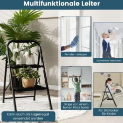 2-Stufige Leiter Klappbarer Tritthocker mit Gepolstertem Handgriff 47 x 39 x 71 cm Schwarz