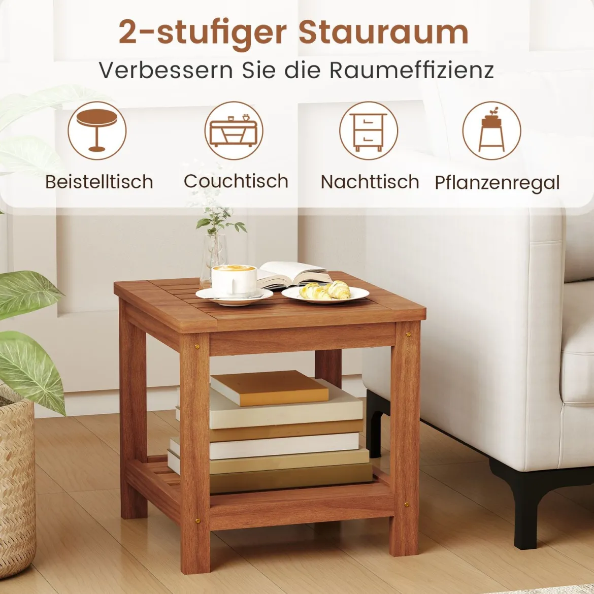 2-stufiger Beistelltisch Massivholz Sofatisch mit Ablagefach kleiner Holztisch Nachttisch Natur